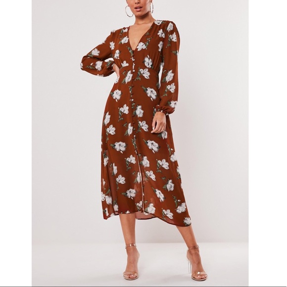 Missguided Dresses & Skirts - brown button down detail floral midi dress